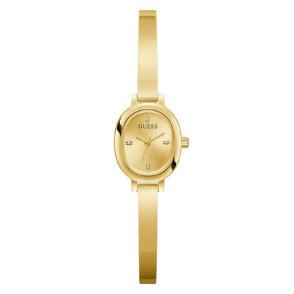 Gold watch with a visible brand logo on a white background