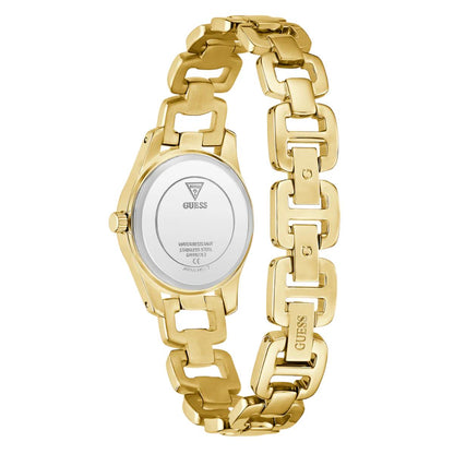 Gold-tone GUESS watch with a chunky link bracelet and a silver-tone circular dial visible on the back, shown against a plain white background.
