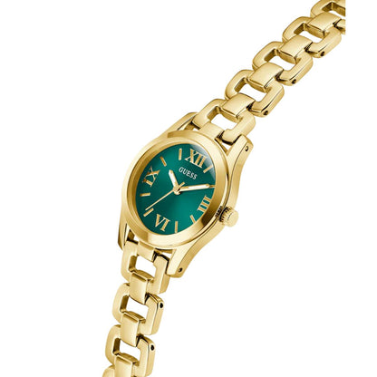 Gold watch with a green face on a white background