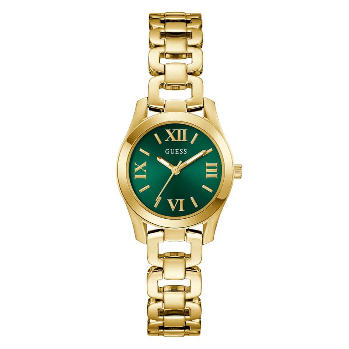 Gold watch with a green dial on a white background