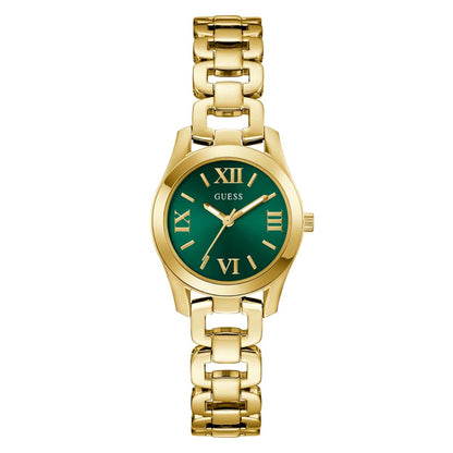 Gold watch with a green dial on a white background