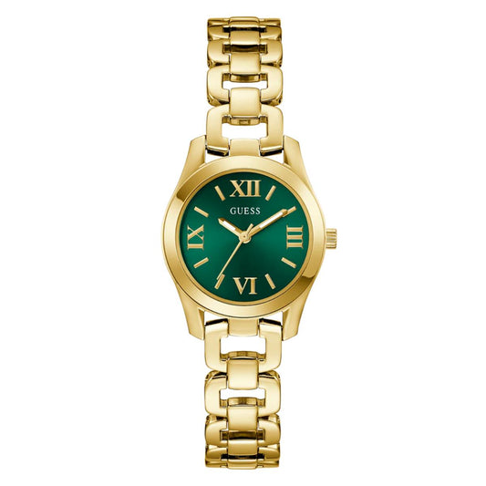 Gold watch with a green dial on a white background