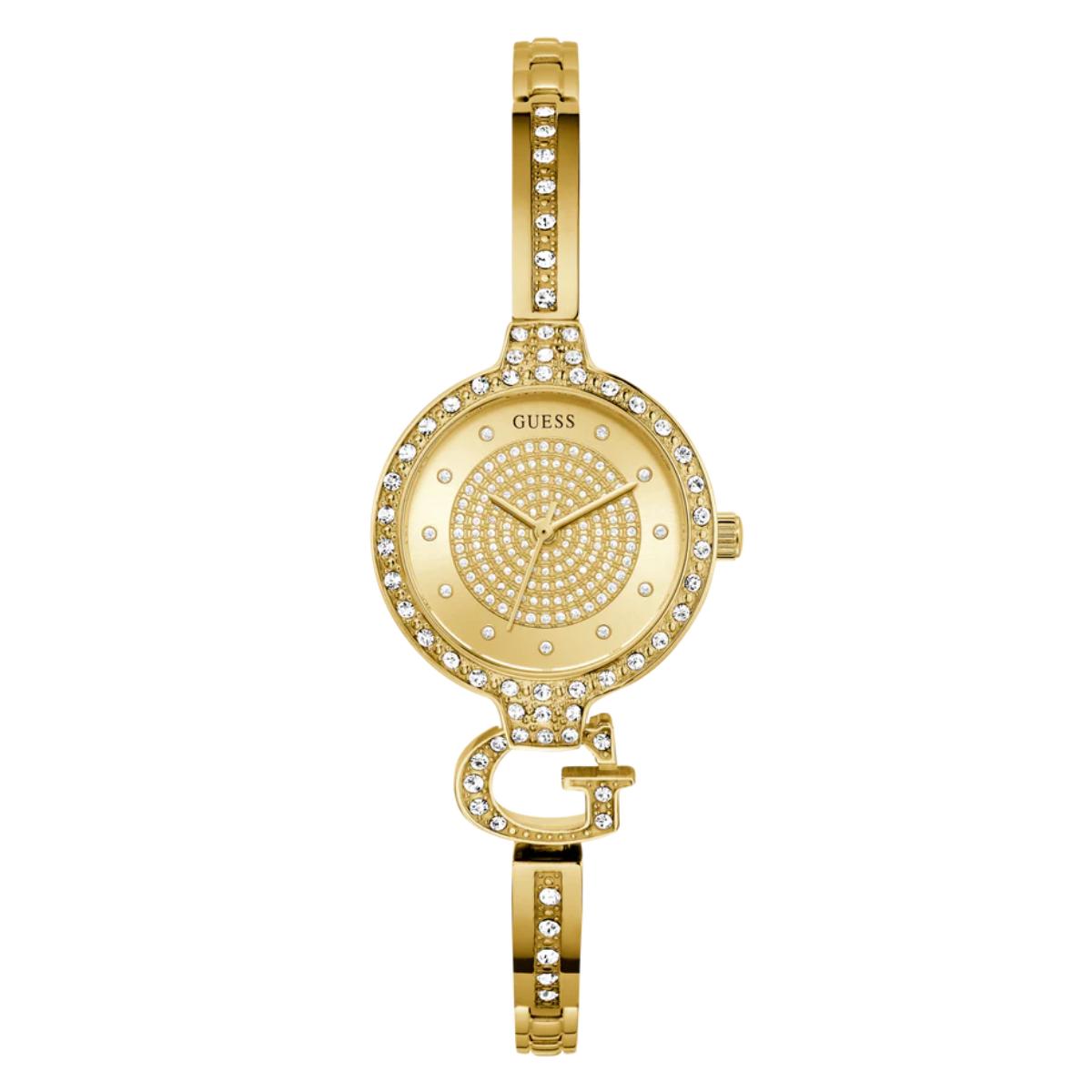 Gold watch with decorative band on a white background