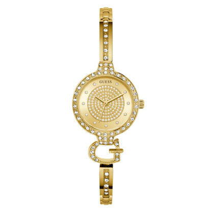 Gold watch with decorative band on a white background