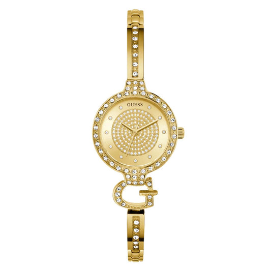 Gold watch with decorative band on a white background