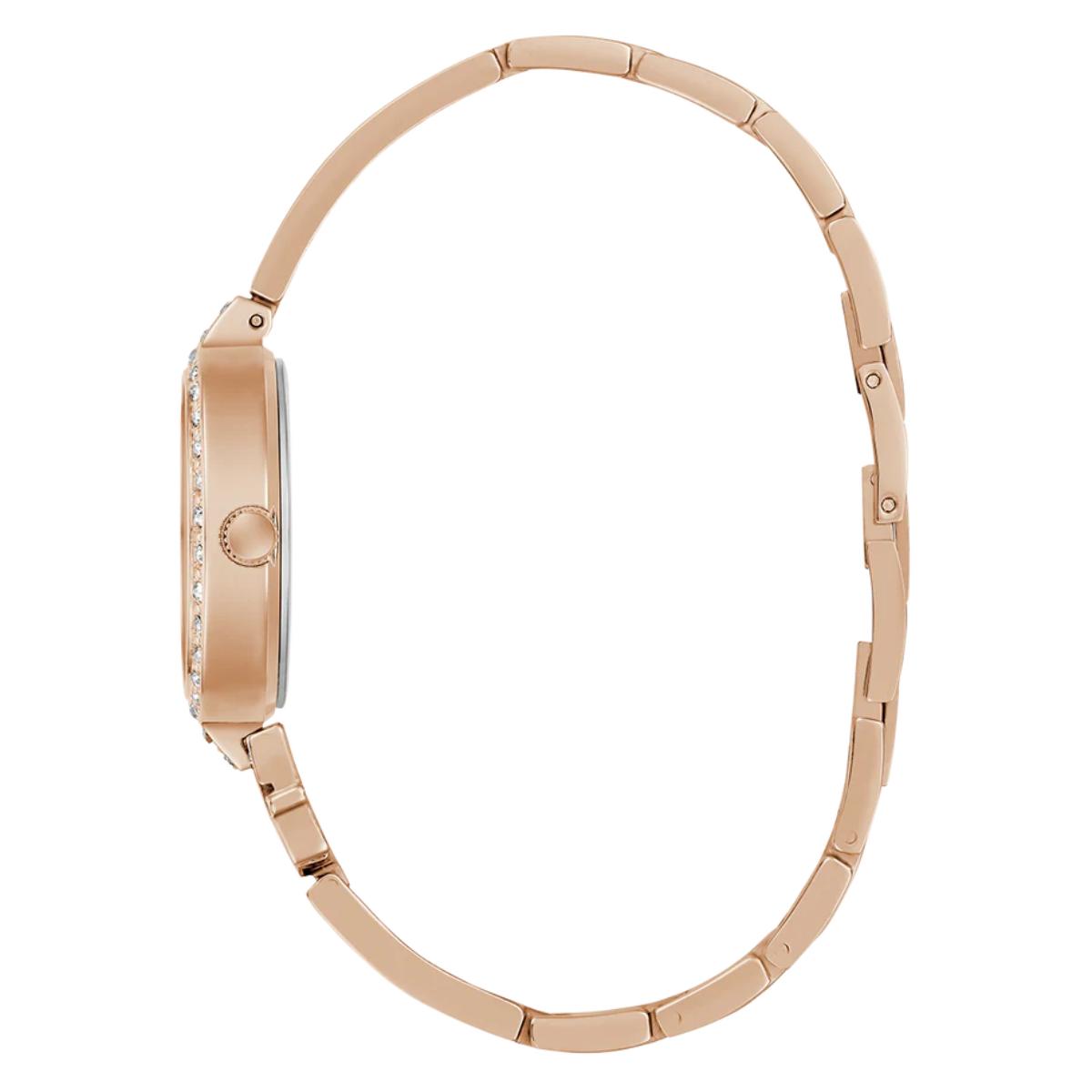 Rose gold watch strap on a white background