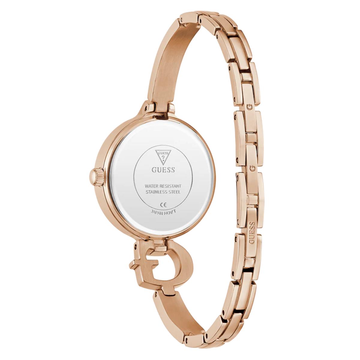 Rose gold watch with visible brand logo on a white background