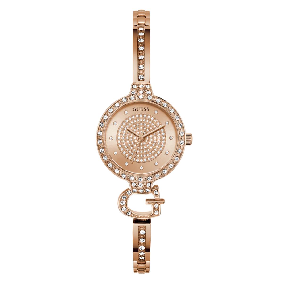 Rose gold watch with decorative band on a white background