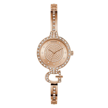 Rose gold watch with decorative band on a white background