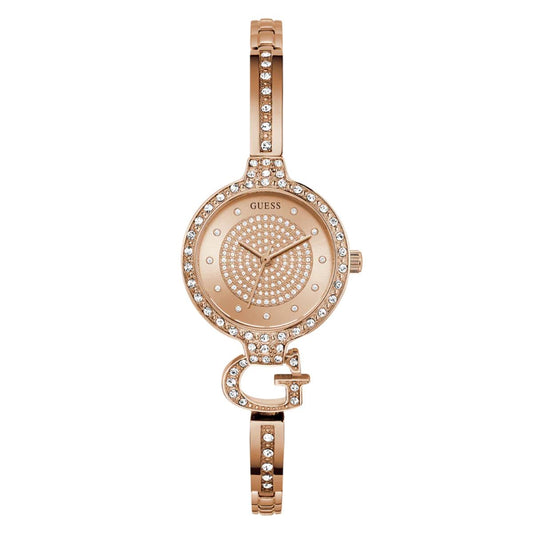 Rose gold watch with decorative band on a white background