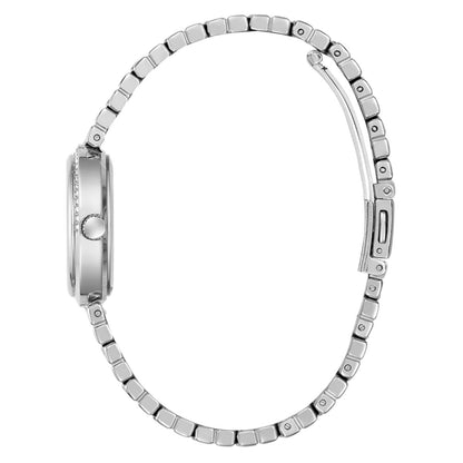 Silver watch with a detailed band on a white background