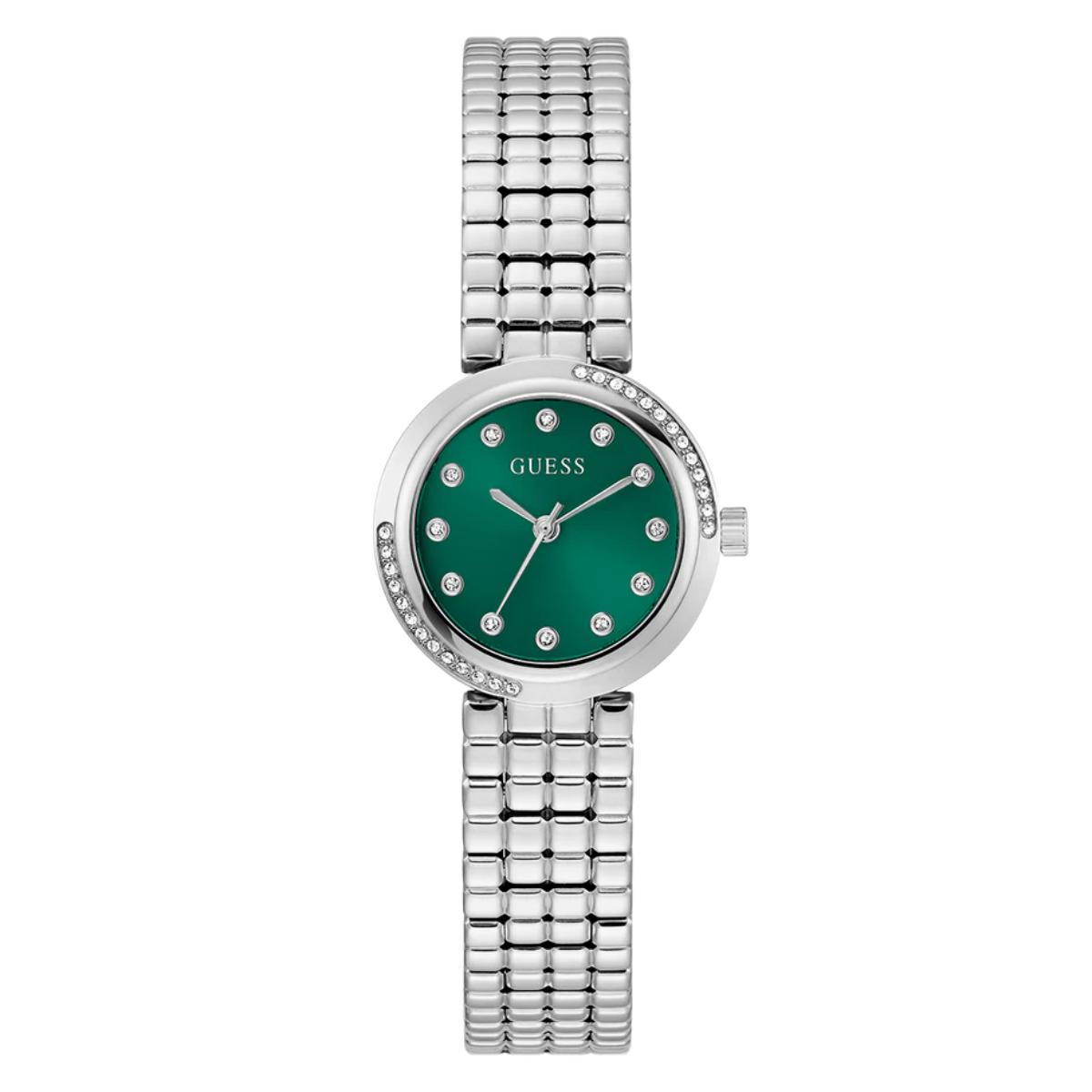 Silver watch with a green face on a white background