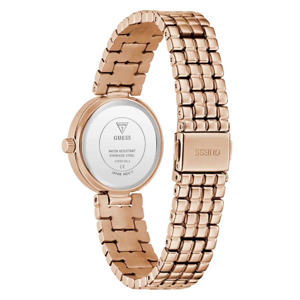 Rose gold watch with metal band on a white background