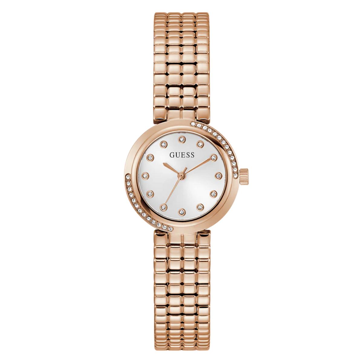 Rose gold watch with a white face on a white background