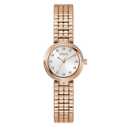 Rose gold watch with a white face on a white background