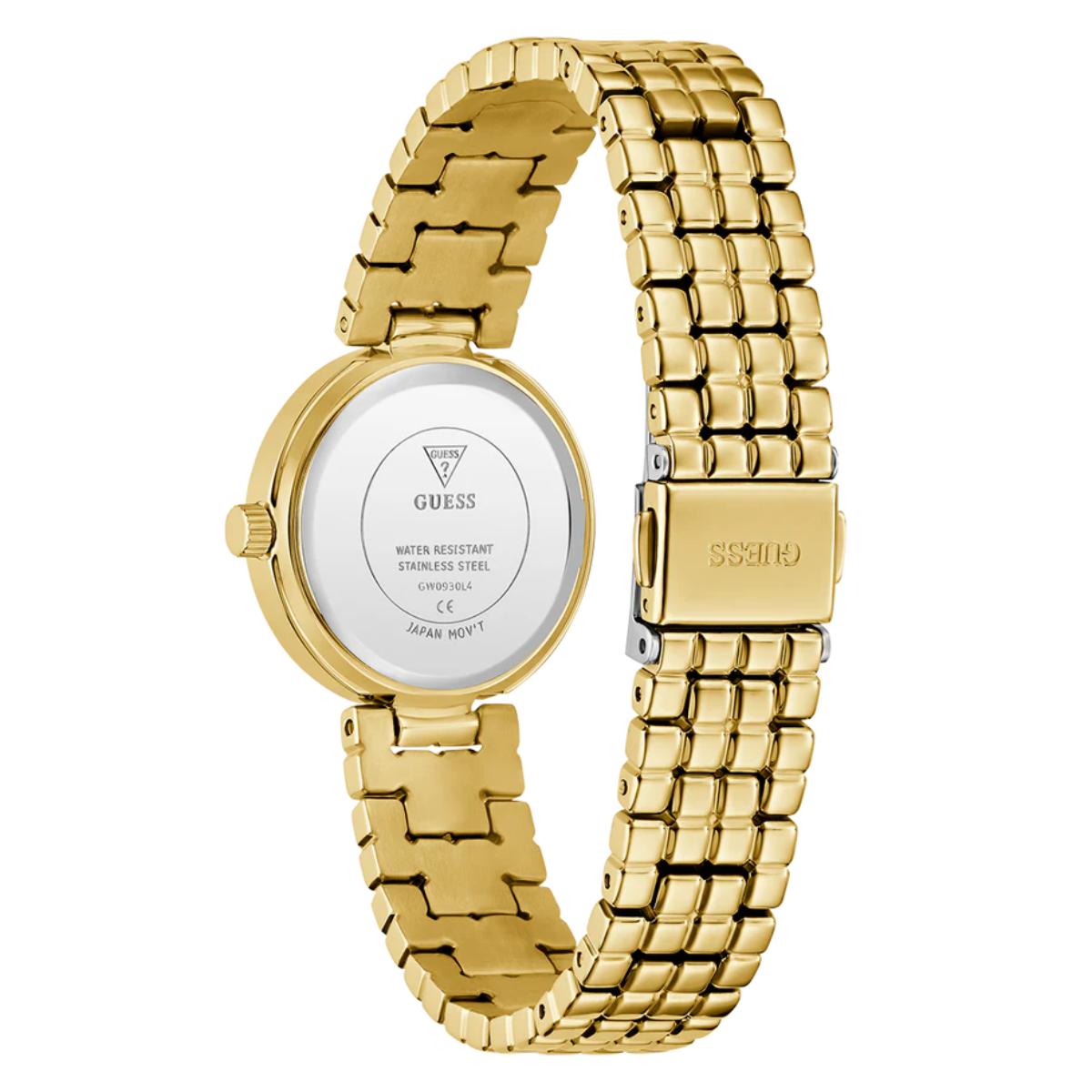 Gold watch with a visible brand logo on a white background