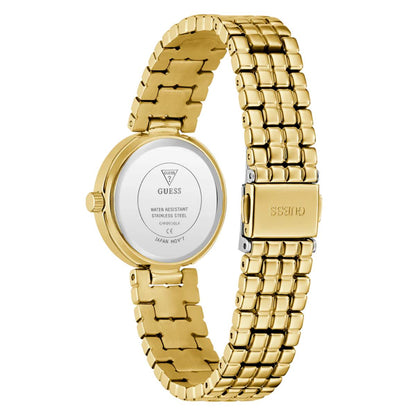 Gold watch with a visible brand logo on a white background