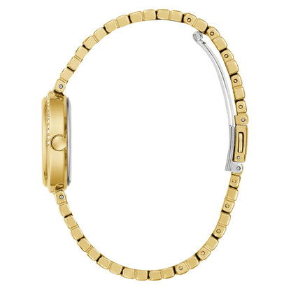 Gold watch with a white background
