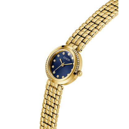 Gold watch with a blue face on a white background