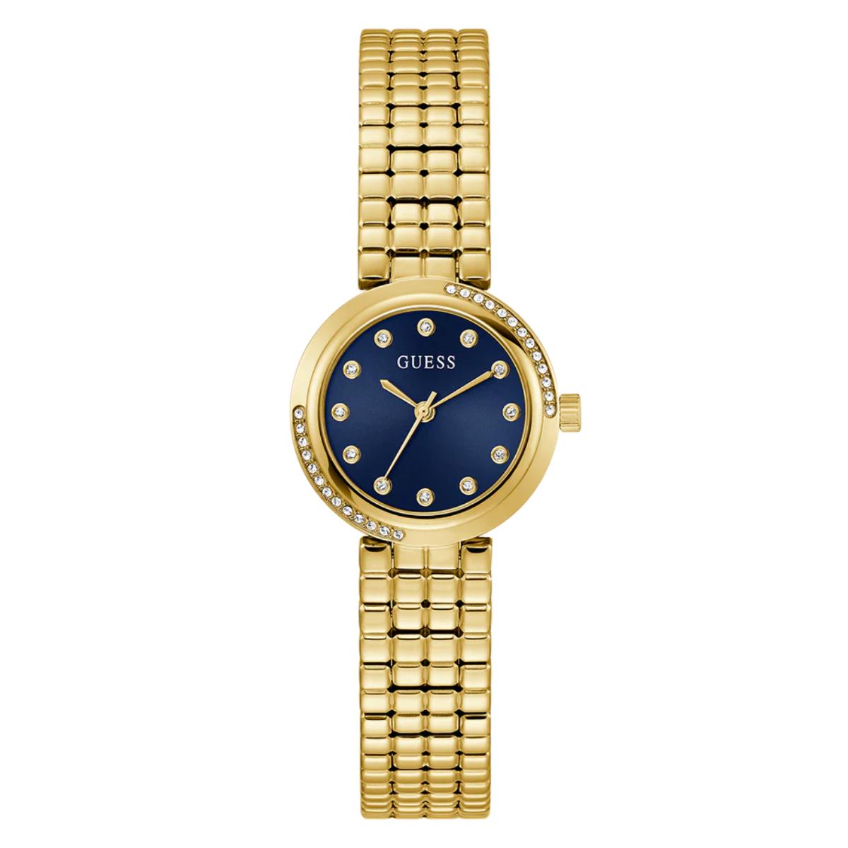 Gold watch with a blue face on a white background