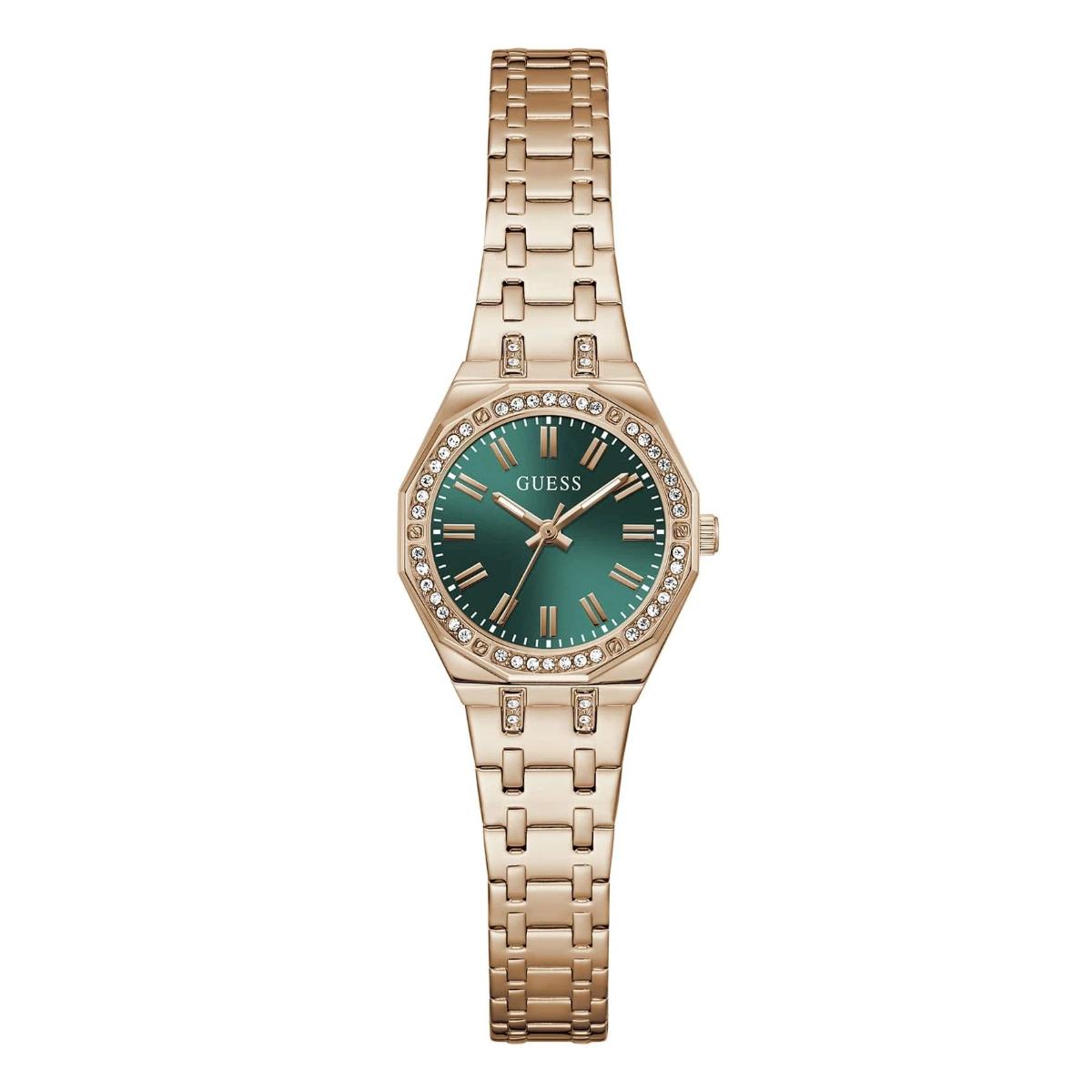Gold watch with a green dial on a white background