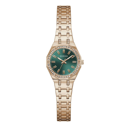 Gold watch with a green dial on a white background