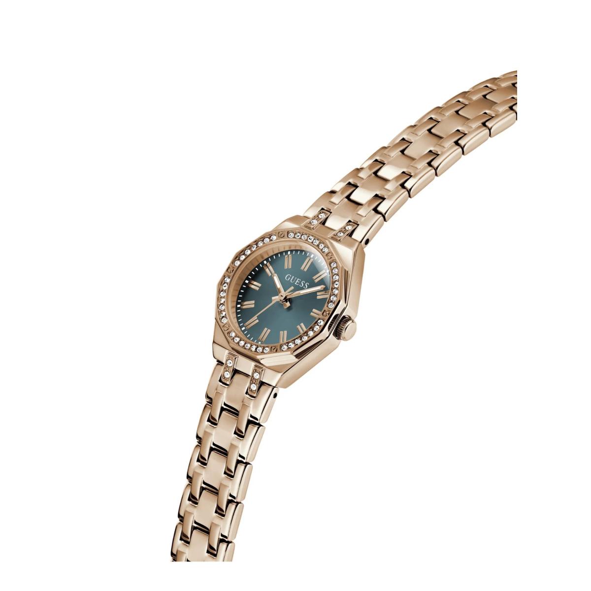 Rose gold watch with a blue face on a white background