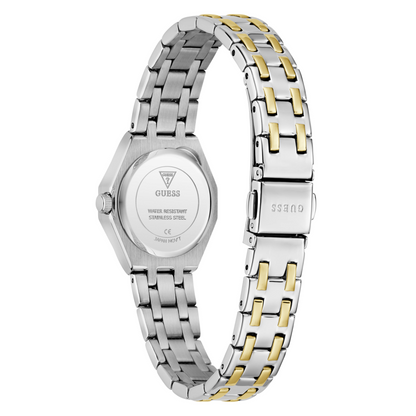 Two-tone silver and gold watch with Guess brand on a white background