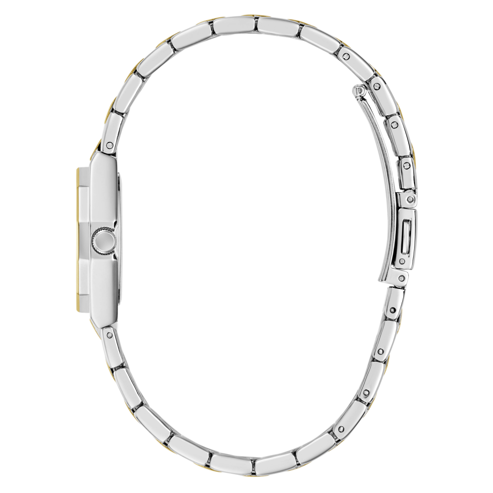 Silver watch strap on a white background