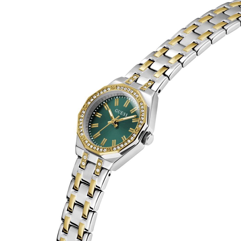 Two-tone watch with green dial on a white background