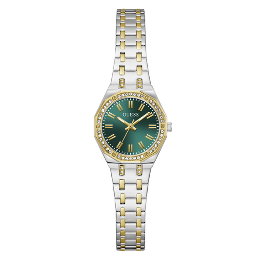 Two-tone watch with green dial and gold accents on a white background