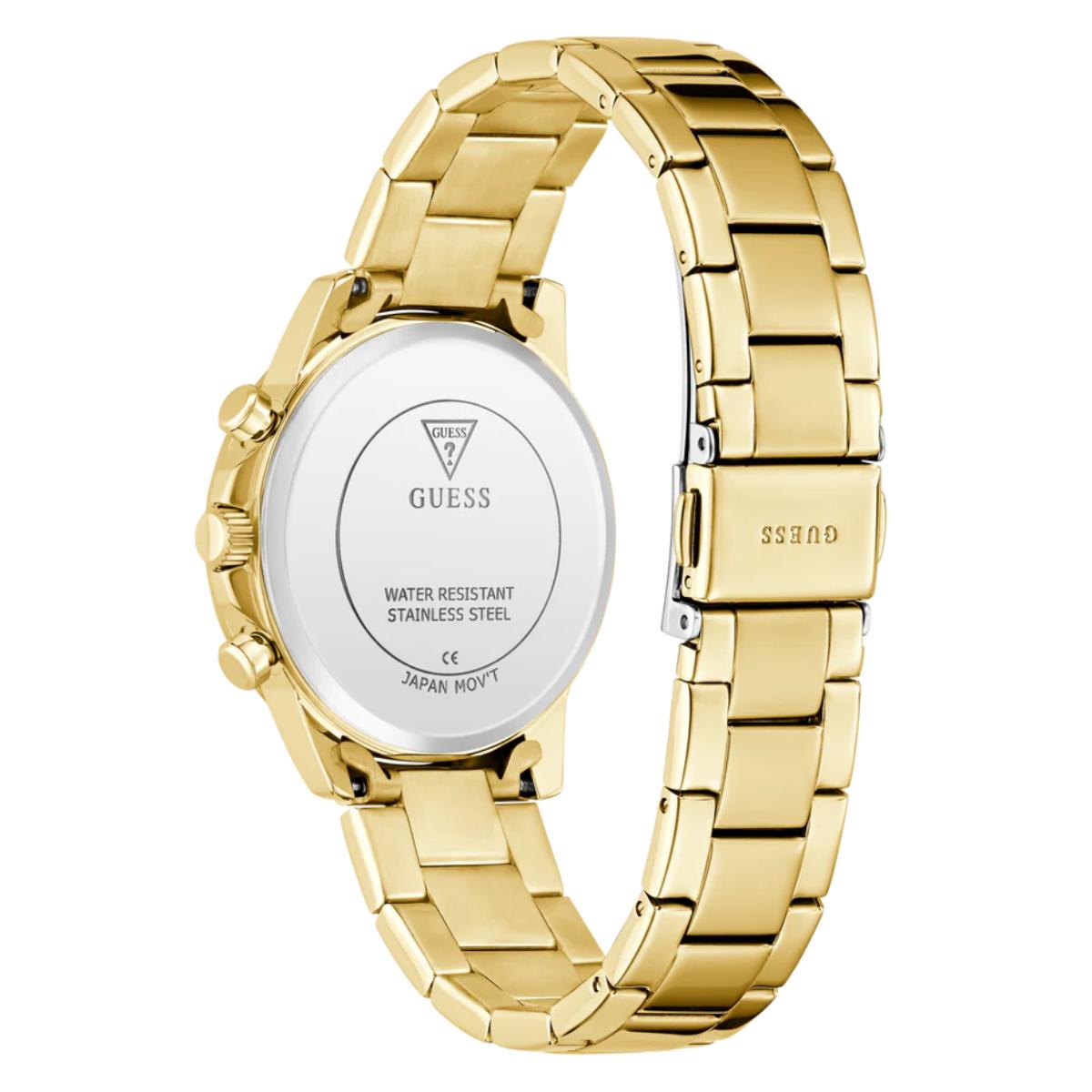 Gold-tone stainless steel watch band and case back with a silver circular insert, shown on a white background. The brand name GUESS is visible on the clasp and inside the case back.
