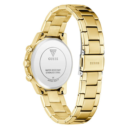 Gold-tone stainless steel watch band and case back with a silver circular insert, shown on a white background. The brand name GUESS is visible on the clasp and inside the case back.