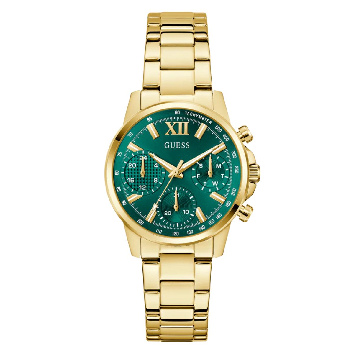Gold watch with green dial on a white background