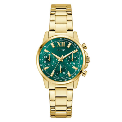 Gold watch with green dial on a white background