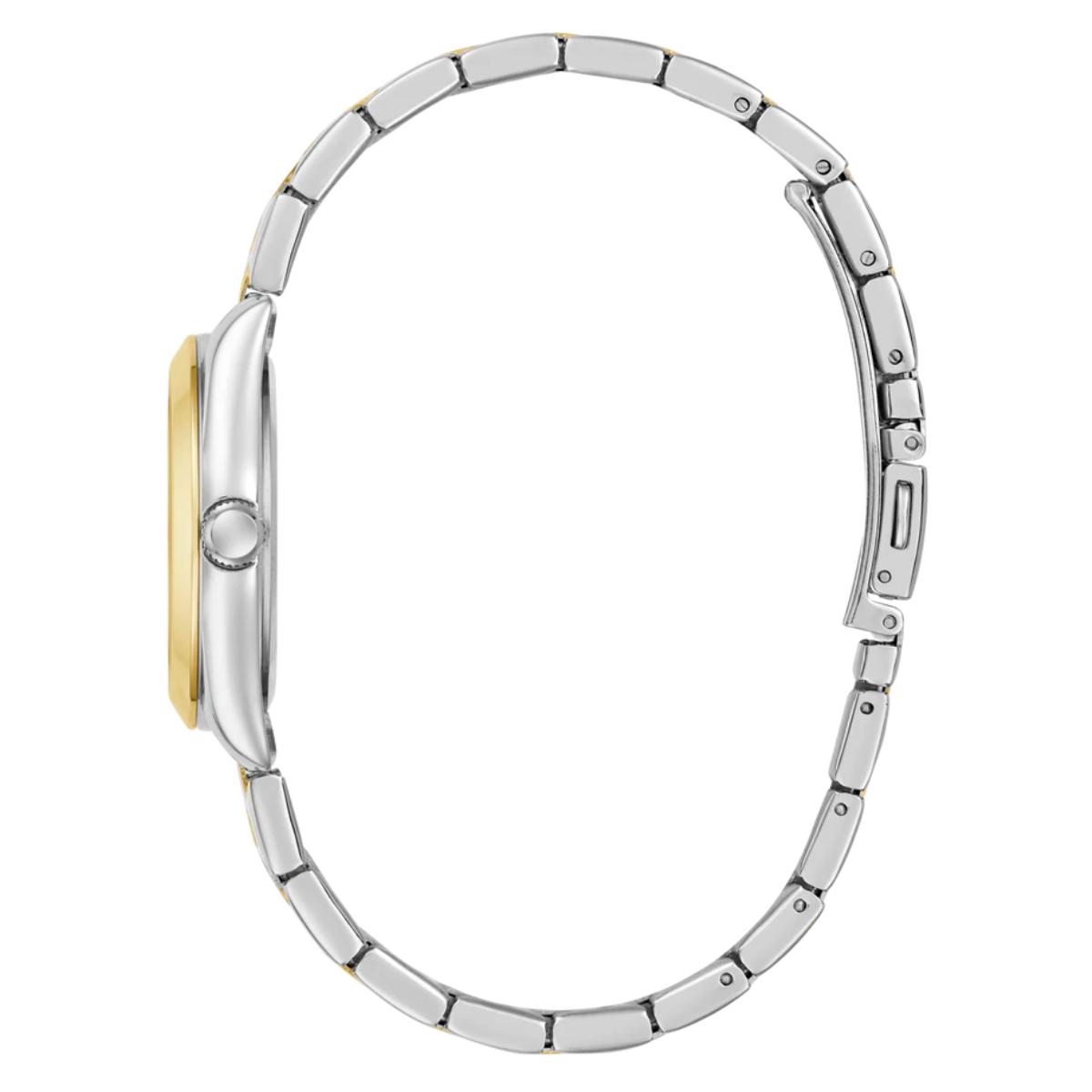 Close-up of a silver watch band on a white background