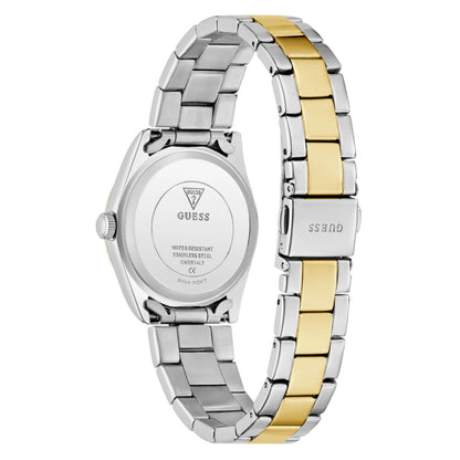 Two-tone silver and gold watch with Guess logo on a white background