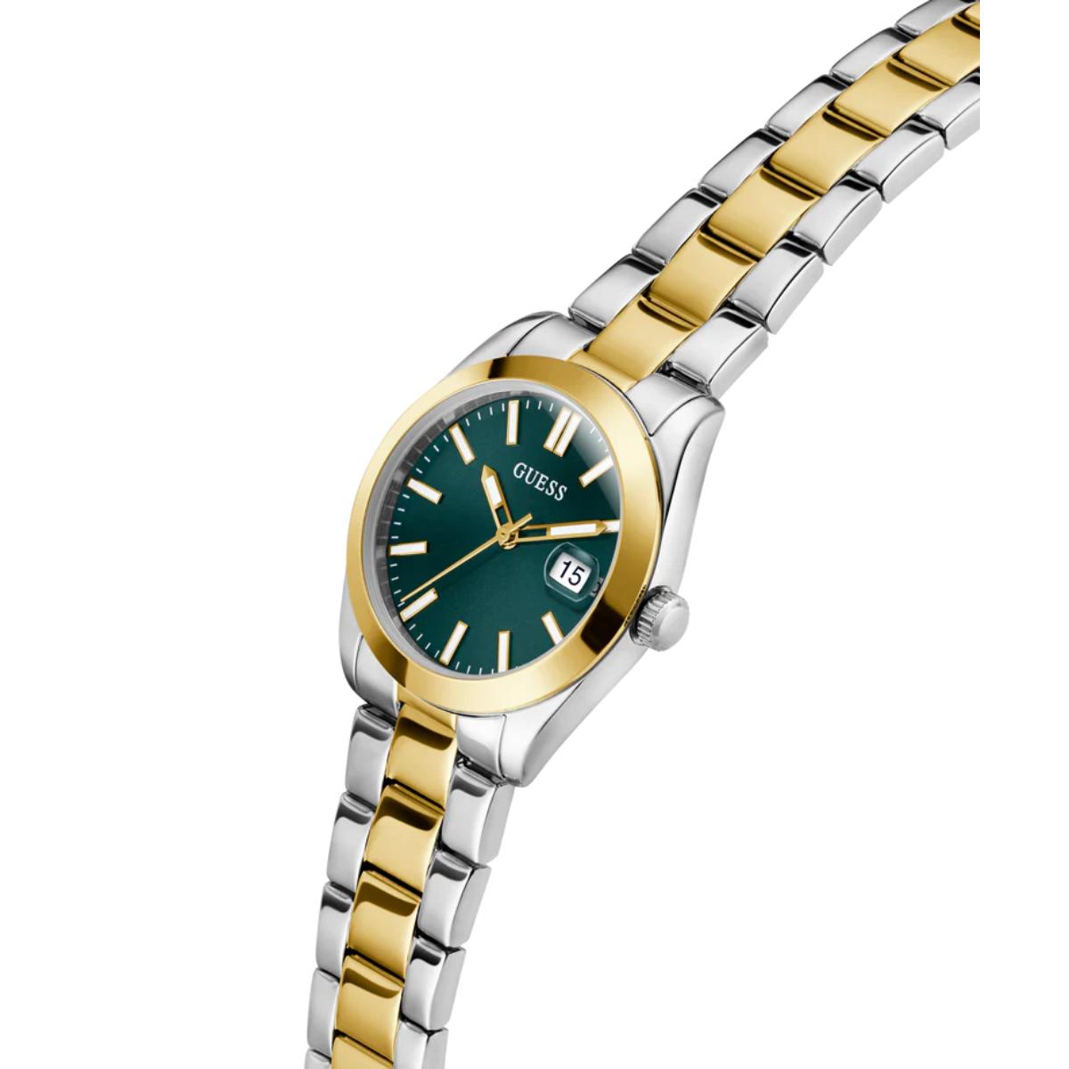 Two-tone watch with gold and silver band and green dial on a white background