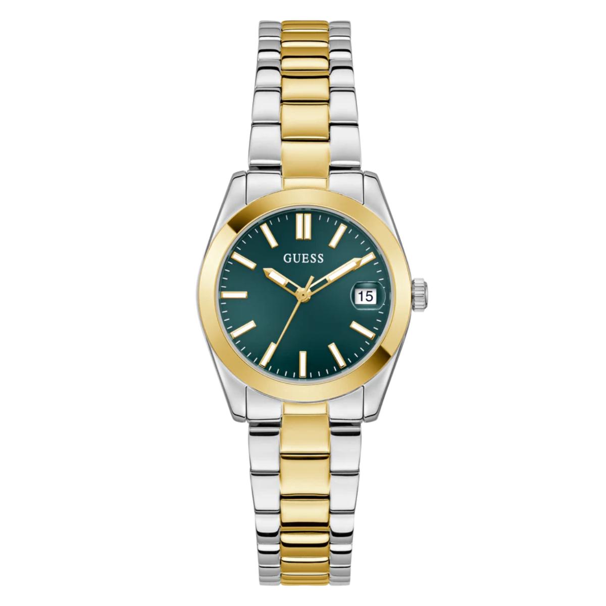 Two-tone watch with gold and silver band and green dial on a white background
