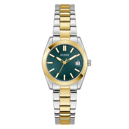 Two-tone watch with gold and silver band and green dial on a white background