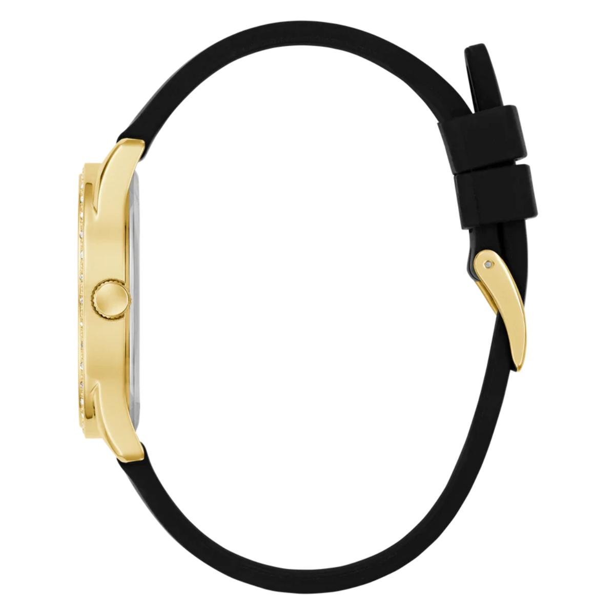 Gold watch case with black strap on a white background