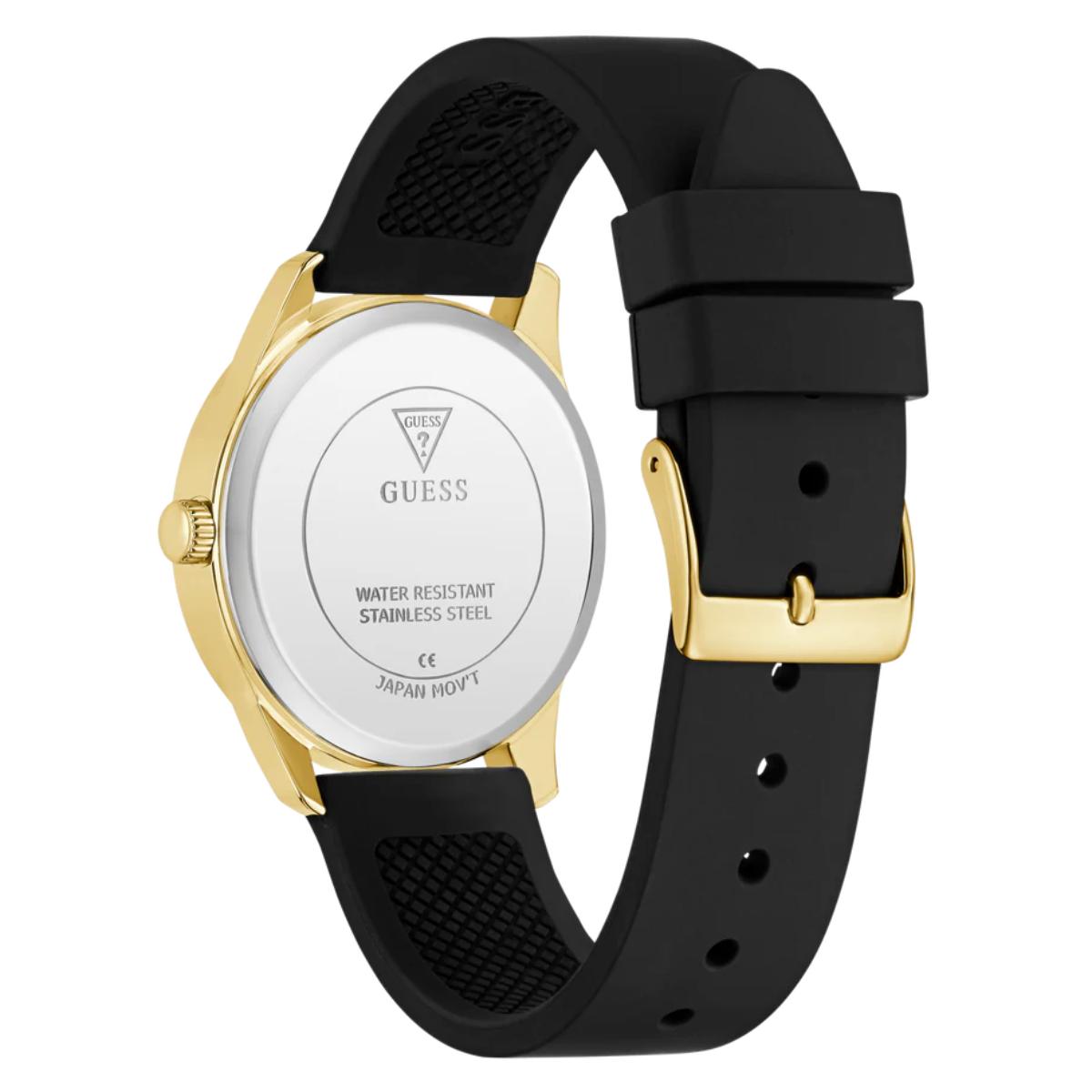 Black watch with gold case and black strap on a white background