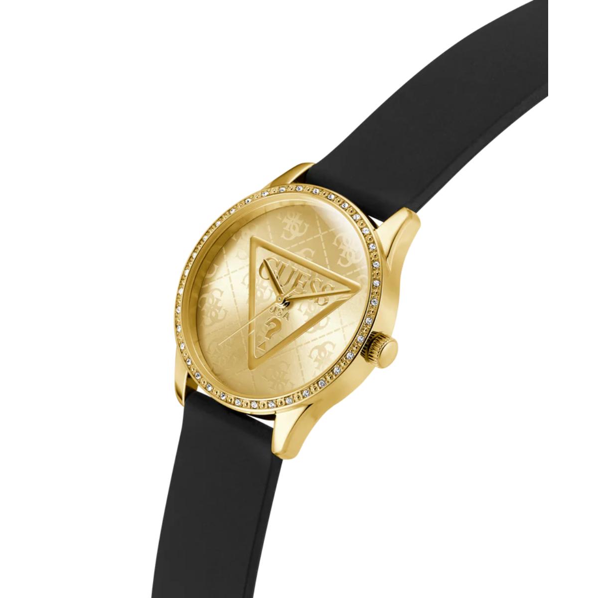 Gold watch with black strap on a white background