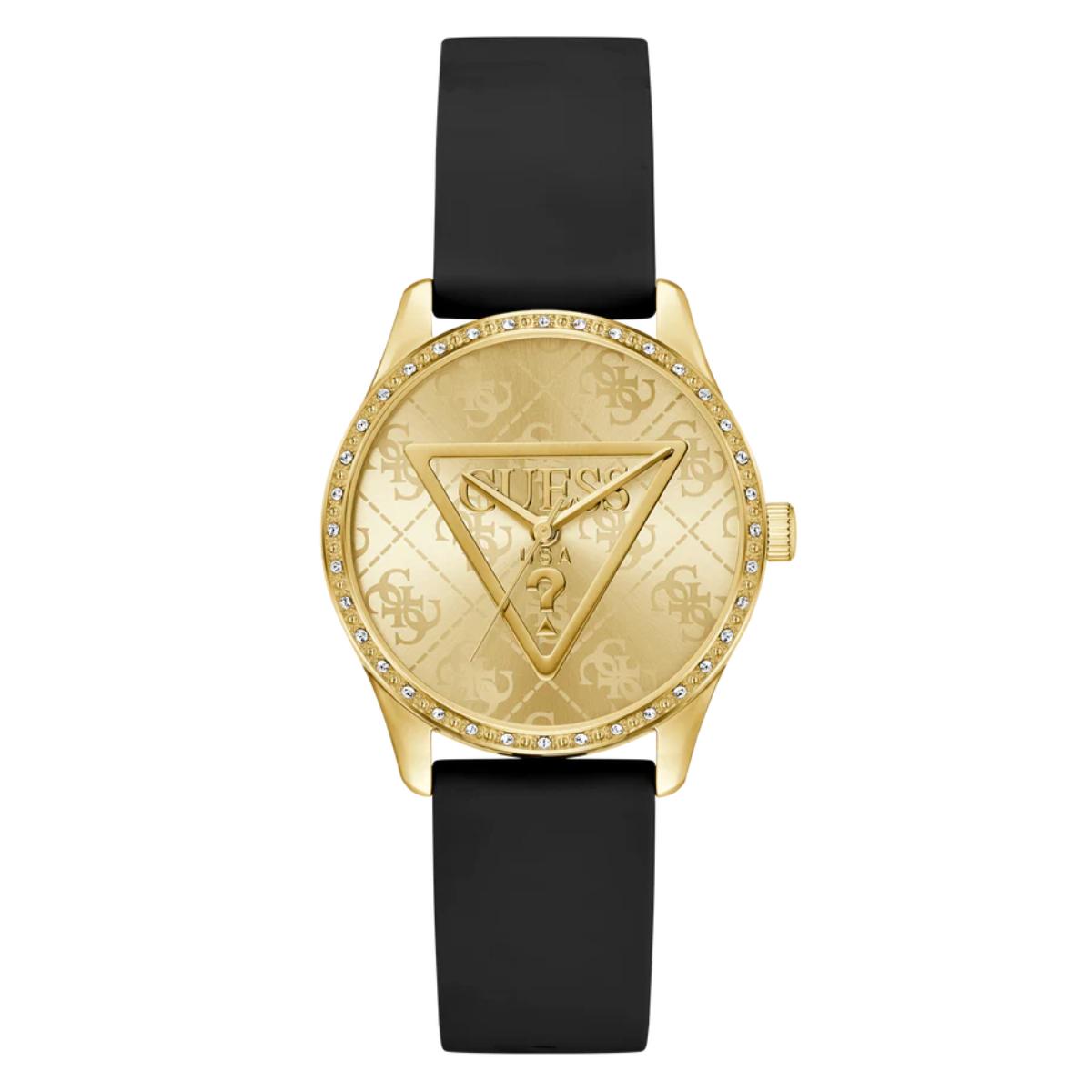 Gold watch with black strap on a white background