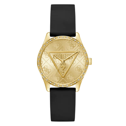 Gold watch with black strap on a white background