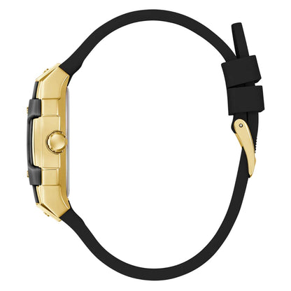 Gold watch case with black strap on a white background