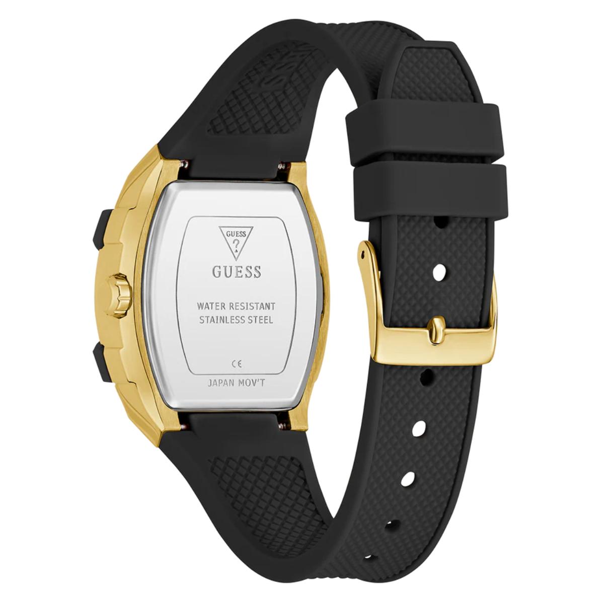 Guess watch with black strap and gold case on a white background