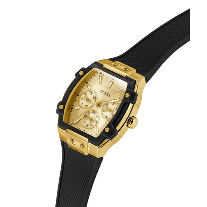 Gold and black watch with visible brand logo on a white background
