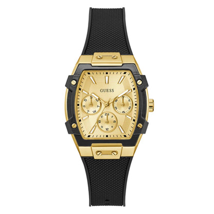 A Guess men's analog watch with a gold-tone case, gold dial with three subdials, and a textured black silicone strap, shown against a plain white background.