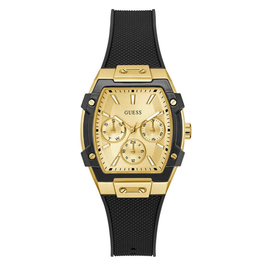 A Guess men's analog watch with a gold-tone case, gold dial with three subdials, and a textured black silicone strap, shown against a plain white background.